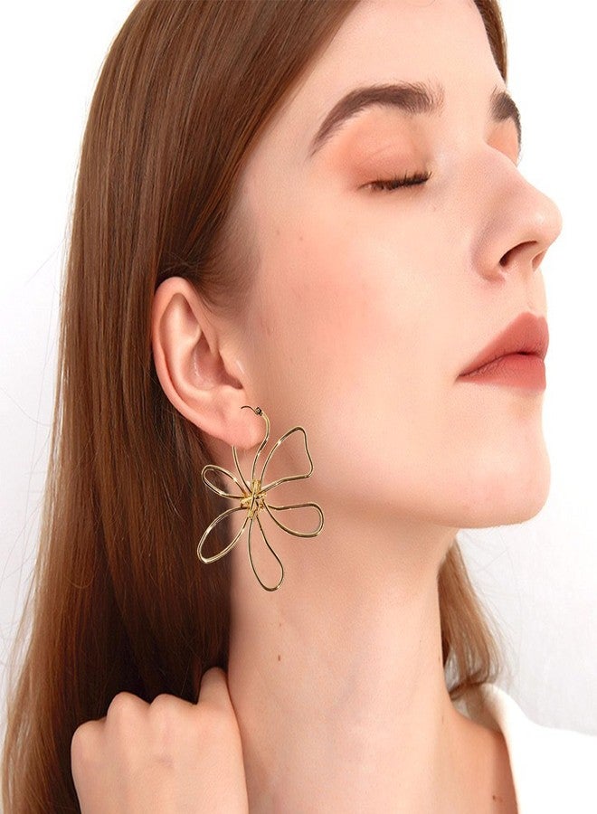 Anmpab Bohemia Large Hollow Flower Hoop Earrings for Women Big Wire Frame Flower Lines Blossom Drop Dangle Earrings (Gold) - Image 4